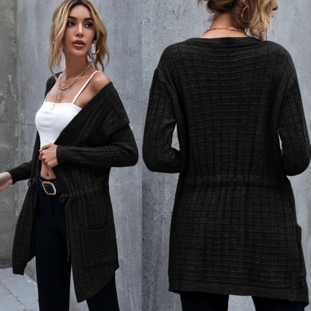 Waffle Knit Cardigan Sweater Jacket Gray Pockets - Picture 2 of 3